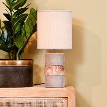 Load image into Gallery viewer, Concrete and wood table lamp with neutral shade, part of the Studio Electric homeware range.

