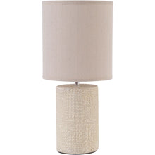 Load image into Gallery viewer, Showcasing a cylindrical base and a drum shade, this cream table lamp is elegant and versatile. The textured porcelain base is reminiscent of woven fabric and complements the plain cream shade perfectly, part of Studio Electric homeware range.
