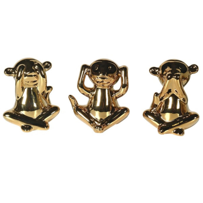 These gold effect speak, hear and See 'No Evil' set of three monkeys are the perfect accessory for many homes. Drawing on the infamous Japanese proverb, dating hundreds of years back, these small monkeys are a great way to add a touch of 