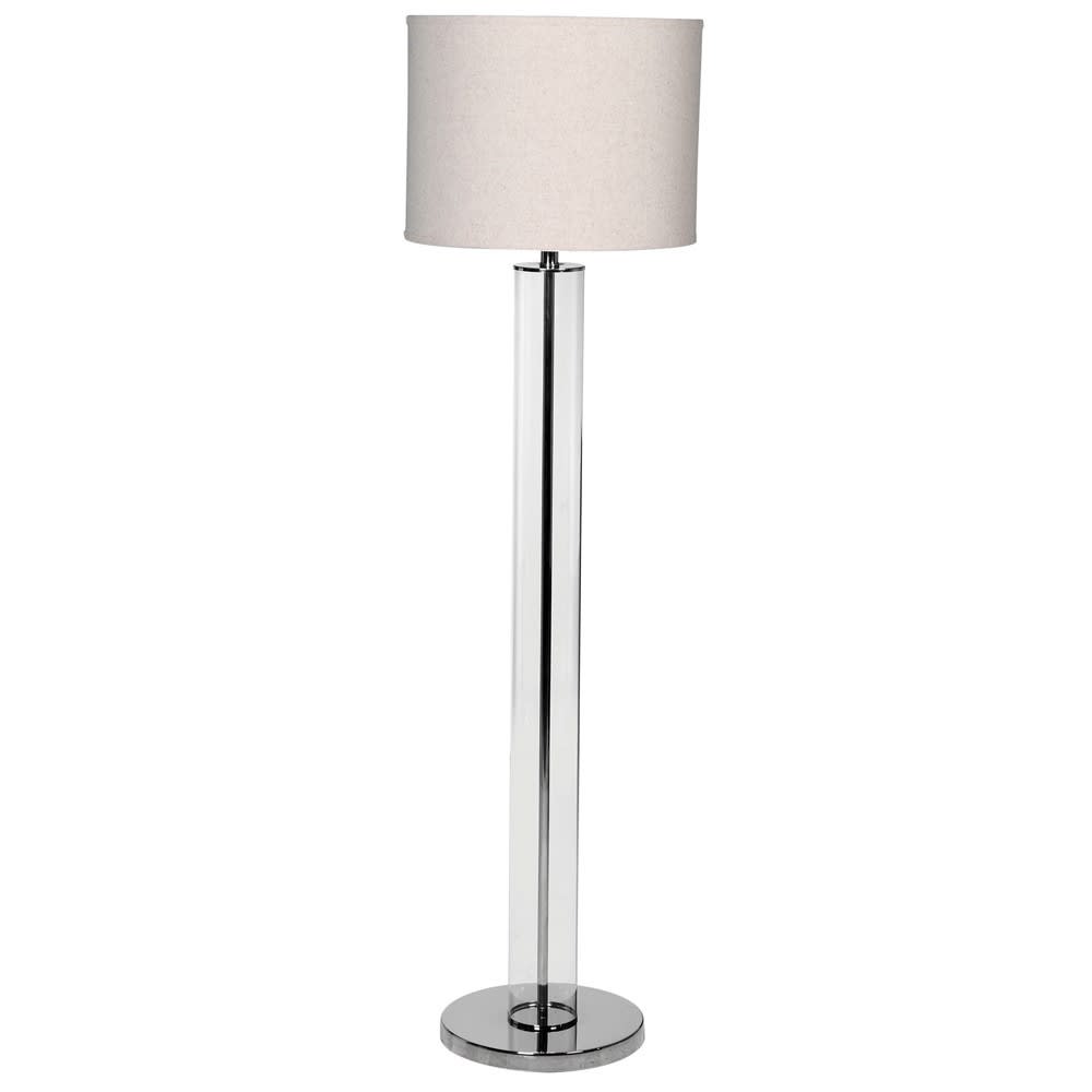 Coach house glass and chrome floor lamp with neutral linnen shade, part of the Studio Electric interior collection.