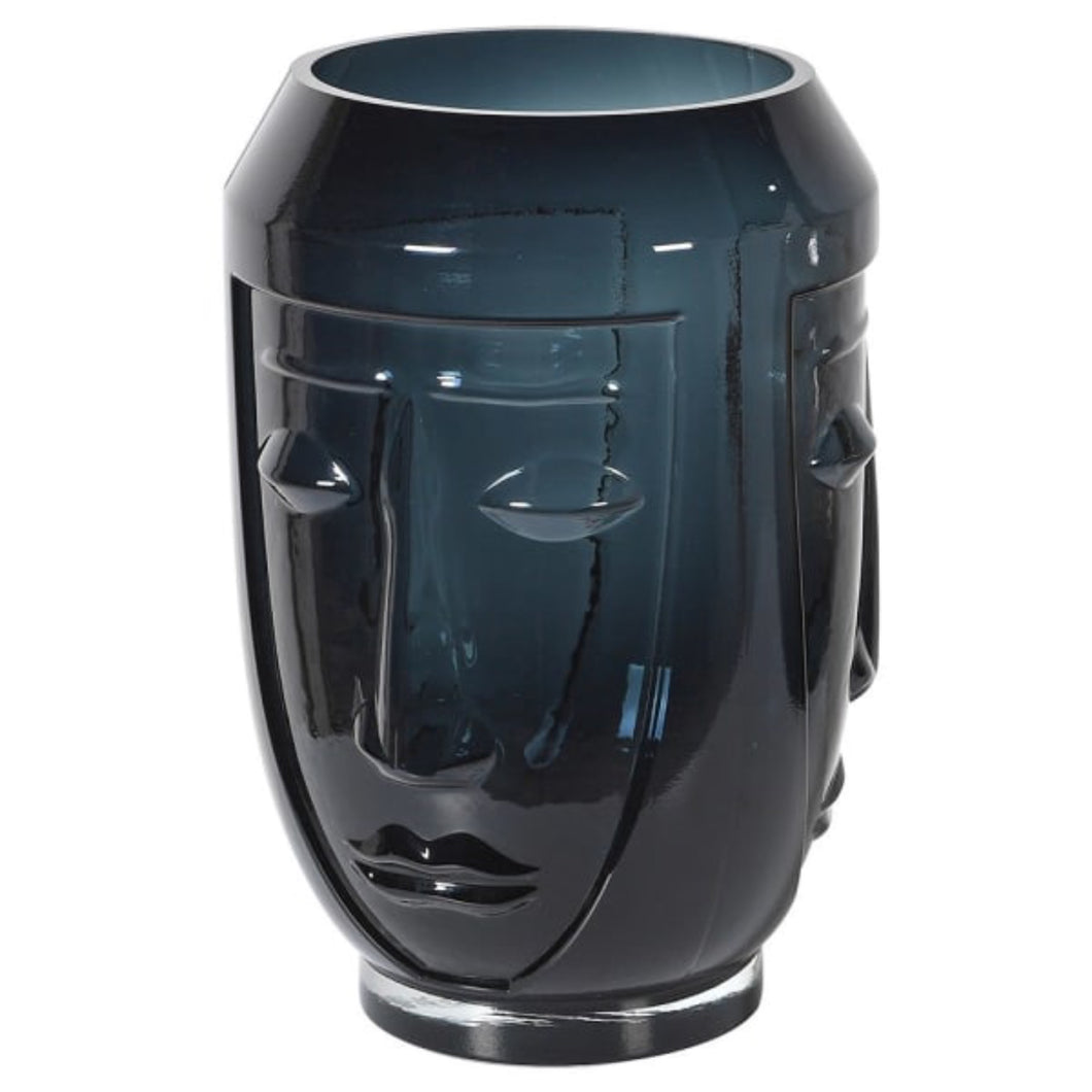 Blue/Black Glass Deco Face Vase, part of the Studio Electric homeware range.